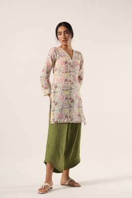 White hand block printed kota cootn top with green pants 1