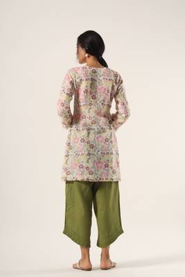 White hand block printed kota cootn top with green pants 3