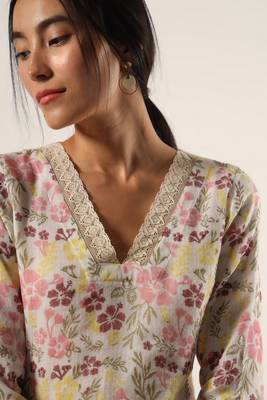 White hand block printed kota cootn top with green pants 4