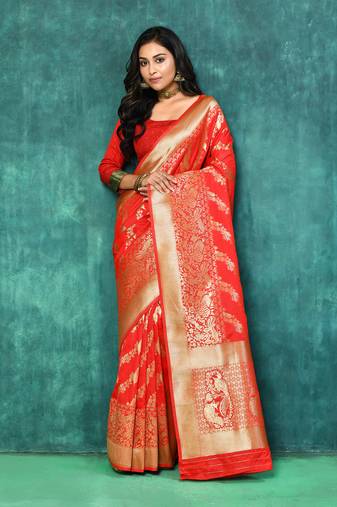 Elora silk blend banarasi woven designer saree for women (red)
