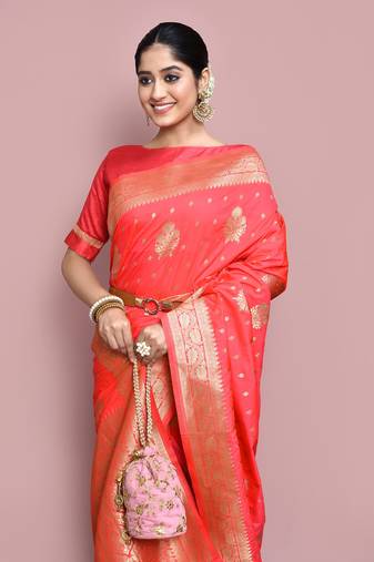 Elora silk blend banarasi woven designer saree for women (magenta)