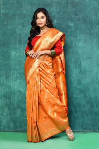 Elora silk blend banarasi woven designer saree for women (orange)