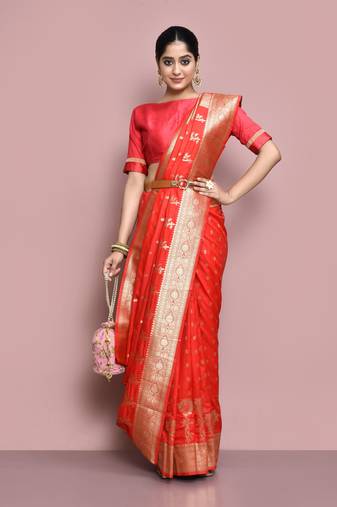 Elora silk blend banarasi woven designer saree for women (red)