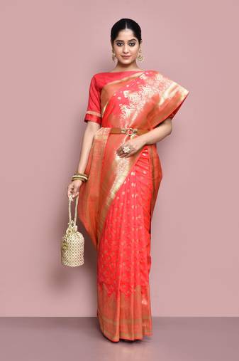 Elora silk blend banarasi woven designer saree for women (pink)