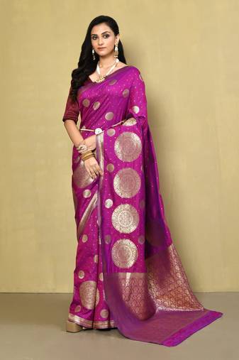 Elora silk blend banarasi woven designer saree for women (dark magenta)