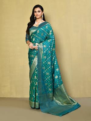 Elora silk blend banarasi woven designer saree for women (c green) 1