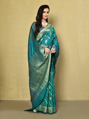 Elora silk blend banarasi woven designer saree for women (c green) 2