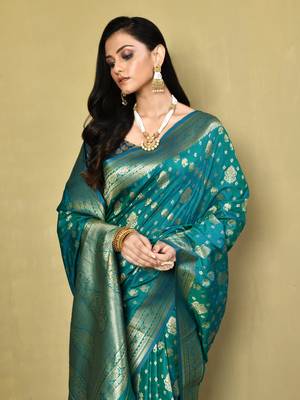 Elora silk blend banarasi woven designer saree for women (c green) 3