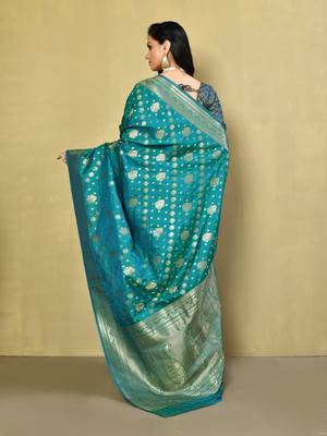 Elora silk blend banarasi woven designer saree for women (c green) 4