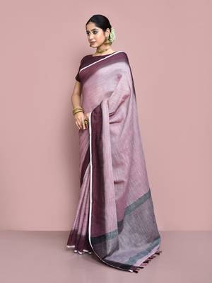 Elora cotton linen plain bollywood designer saree for women (magenta) 6