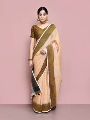 Elora cotton linen plain bollywood designer saree for women (chikoo) 1