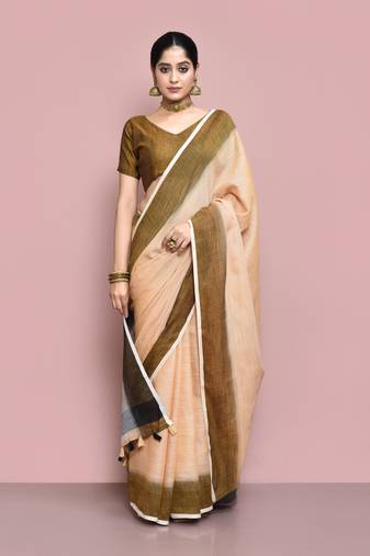 Elora cotton linen plain bollywood designer saree for women (chikoo)