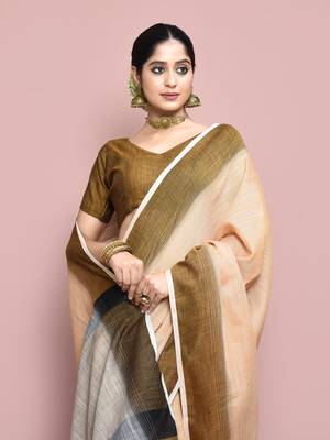 Elora cotton linen plain bollywood designer saree for women (chikoo) 3