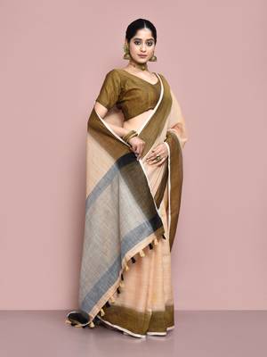 Elora cotton linen plain bollywood designer saree for women (chikoo) 4