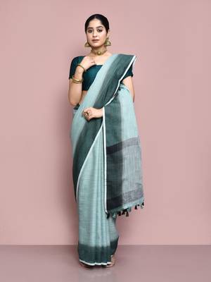 Elora cotton linen plain bollywood designer saree for women (c green) 1