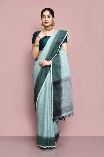 Elora cotton linen plain bollywood designer saree for women (c green)