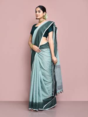 Elora cotton linen plain bollywood designer saree for women (c green) 3