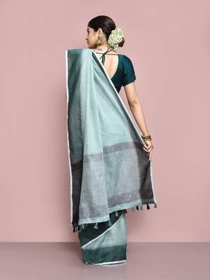 Elora cotton linen plain bollywood designer saree for women (c green) 4