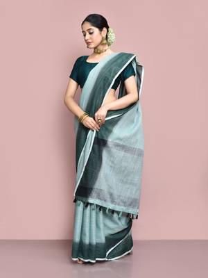 Elora cotton linen plain bollywood designer saree for women (c green) 5