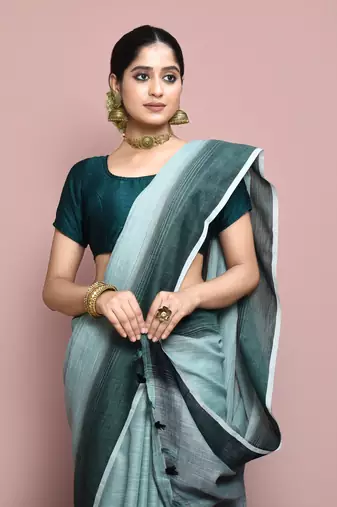 Elora cotton linen plain bollywood designer saree for women (c green)