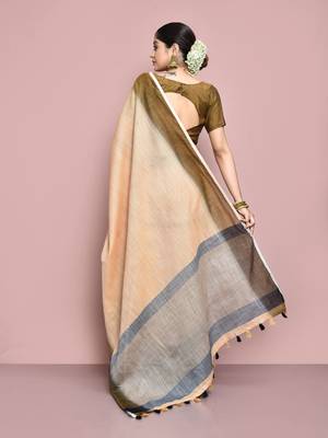Elora cotton linen plain bollywood designer saree for women (chikoo) 6