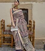 Baby pink and navy blue color silk nlend printed gold finished trendy saree