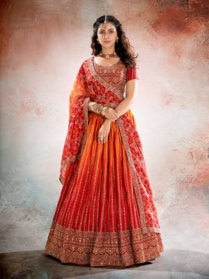 Redish Orange embroidered Semi Stitched Lehenga and Unstitched Blouse with Dupatta 1