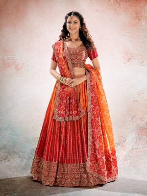Redish Orange embroidered Semi Stitched Lehenga and Unstitched Blouse with Dupatta 3