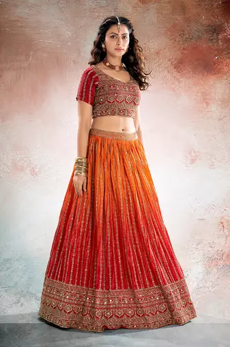 Redish Orange embroidered Semi Stitched Lehenga and Unstitched Blouse with Dupatta
