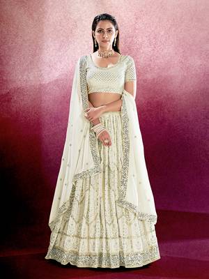 White Embroidered Semi Stitched Lehenga and Unstitched Blouse with Dupatta(Set of 3) 1