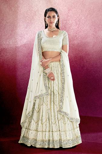 White Embroidered Semi Stitched Lehenga and Unstitched Blouse with Dupatta(Set of 3)