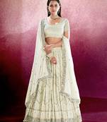 White Embroidered Semi Stitched Lehenga and Unstitched Blouse with Dupatta(Set of 3)