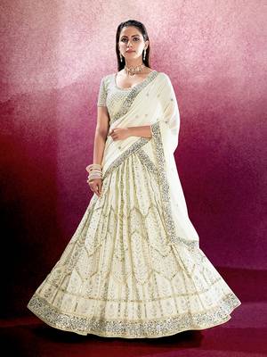 White Embroidered Semi Stitched Lehenga and Unstitched Blouse with Dupatta(Set of 3) 2