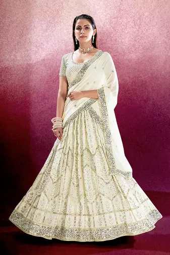 White Embroidered Semi Stitched Lehenga and Unstitched Blouse with Dupatta(Set of 3)
