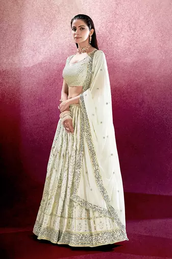 White Embroidered Semi Stitched Lehenga and Unstitched Blouse with Dupatta(Set of 3)