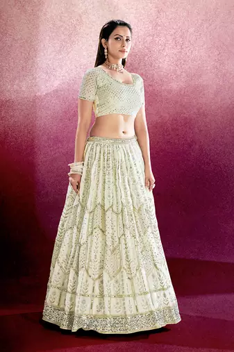 White Embroidered Semi Stitched Lehenga and Unstitched Blouse with Dupatta(Set of 3)