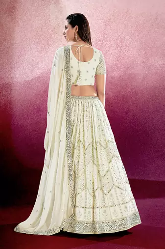 White Embroidered Semi Stitched Lehenga and Unstitched Blouse with Dupatta(Set of 3)