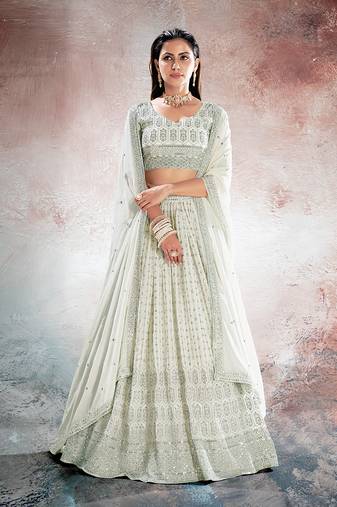 Ivory White Embroidered Semi Stitched Lehenga and Unstitched Blouse with Dupatta