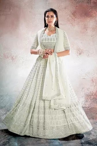Ivory White Embroidered Semi Stitched Lehenga and Unstitched Blouse with Dupatta