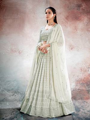 Ivory White Embroidered Semi Stitched Lehenga and Unstitched Blouse with Dupatta 3