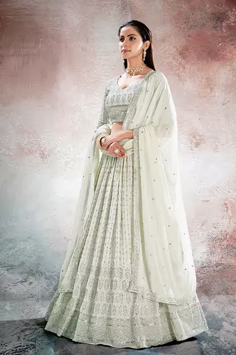 Ivory White Embroidered Semi Stitched Lehenga and Unstitched Blouse with Dupatta
