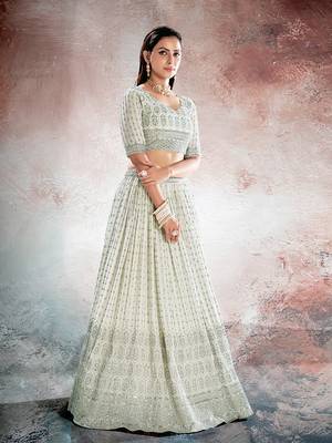 Ivory White Embroidered Semi Stitched Lehenga and Unstitched Blouse with Dupatta 4
