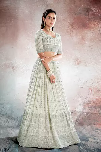Ivory White Embroidered Semi Stitched Lehenga and Unstitched Blouse with Dupatta