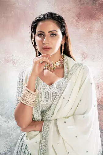Ivory White Embroidered Semi Stitched Lehenga and Unstitched Blouse with Dupatta