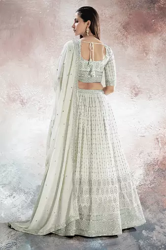 Ivory White Embroidered Semi Stitched Lehenga and Unstitched Blouse with Dupatta