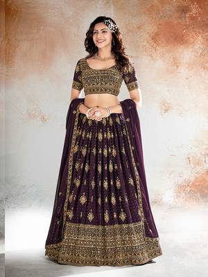 Wine Purple Embroidered Semi Stitched Lehenga and Unstitched Blouse with Dupatta 1