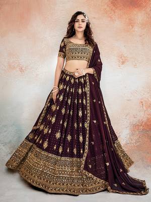 Wine Purple Embroidered Semi Stitched Lehenga and Unstitched Blouse with Dupatta 2
