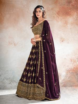 Wine Purple Embroidered Semi Stitched Lehenga and Unstitched Blouse with Dupatta 3
