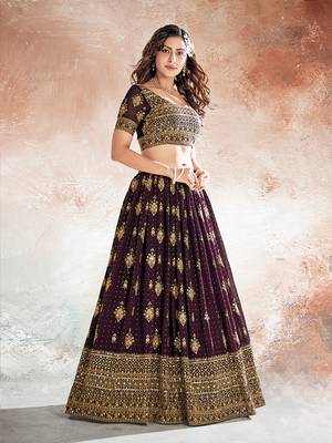 Wine Purple Embroidered Semi Stitched Lehenga and Unstitched Blouse with Dupatta 4