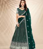 Pine Green Embroidered Semi Stitched Lehenga and Unstitched Blouse with Dupatta